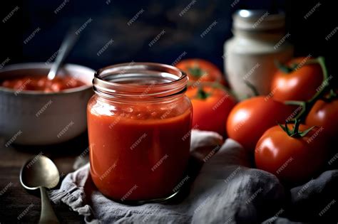 Premium Ai Image Tomato Sauce In A Glass Jar On A Wooden Background