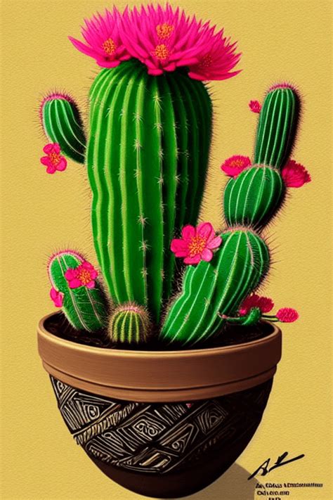 Flowering Cactus In Pot · Creative Fabrica