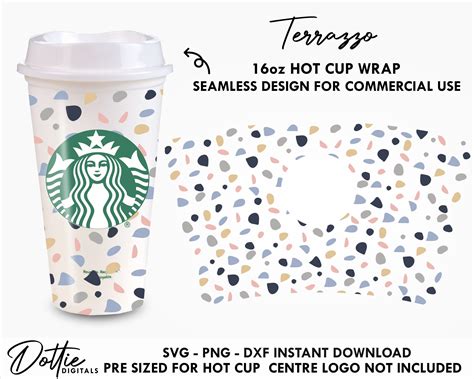 Dottie Digitals Terrazzo Starbucks Cup SVG Hot Cup PNG DXF Cutting File 16oz Abstract Tiles