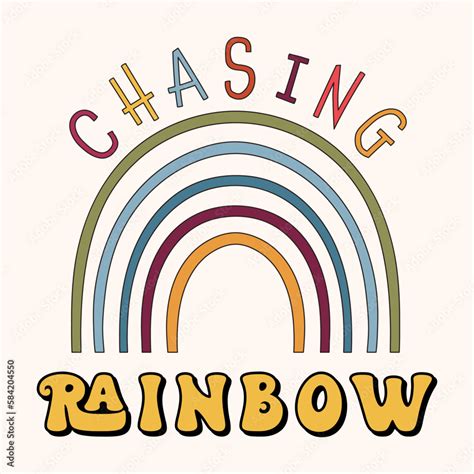 Groovy 70s Retro Floral Composition With Quote Chasing Rainbow Hand