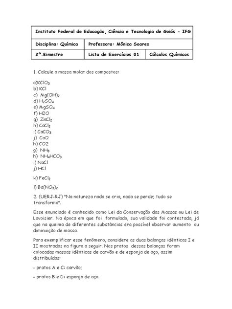 Lista De Exercícios 2 Ano 2 Bimestre Pdf Reações Químicas