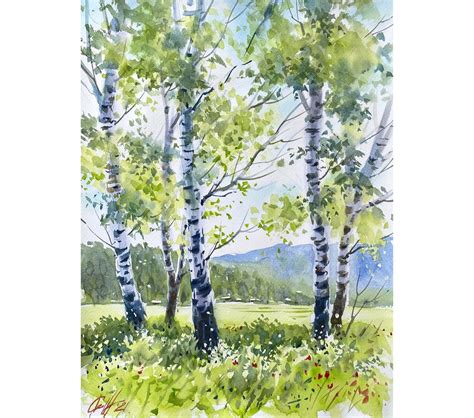 Birch Tree Painting Original Watercolor Summer Landscape Birch Etsy