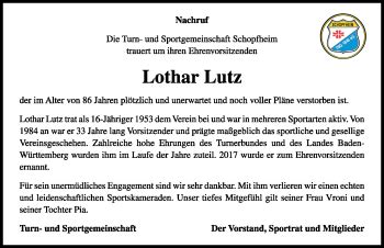 Traueranzeigen Von Lothar Lutz Schwarzw Lder Bote Trauer