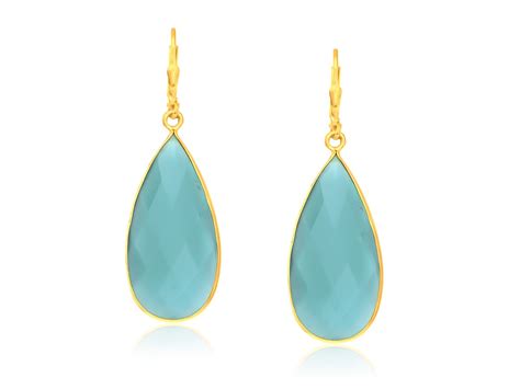 Aqua Chalcedony Long Teardrop Earrings In Yellow Gold Plated Sterling