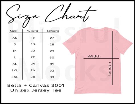 Bella Canvas Size Chart Bella Canvas T Shirt Size Chart Etsy