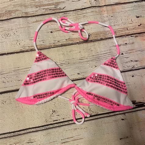 Victoria S Secret Swim Triangle Bikini Top Pink White Gem