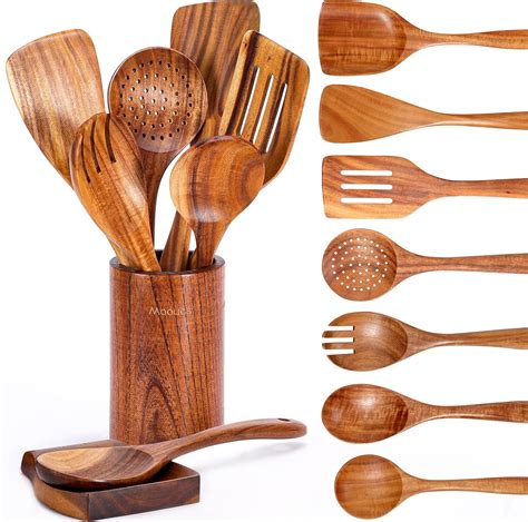 Mooues Piece Natural Teak Wooden Kitchen Utensil Set With Spoon Rest