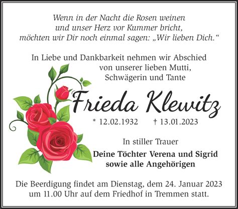 Traueranzeigen von Frieda Klewitz Märkische Onlinezeitung Trauerportal