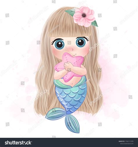 Cute Little Mermaid Hugging Starfish Ilustrações Stock 1742111978