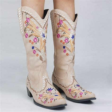 The Flower Cowboy Boots Women Pu Leather Boots Embroidered Etsy