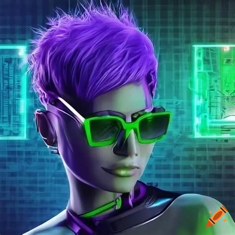 Purple And Green Female Humanoid Cyberpunk Android Pixie Haircut Wearing Sunglasses Neon