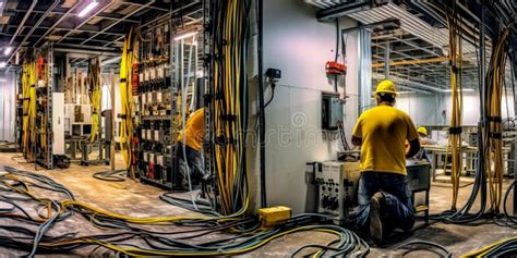 Construction Workers Installing Electrical Systems And Wiring In A