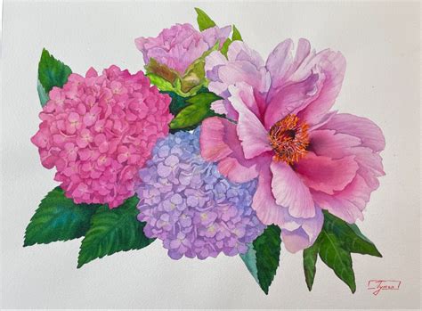 Hydrangeas And Peony Artist Janet Pulcho Watercolor Painting