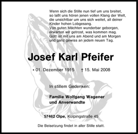 Traueranzeigen Von Josef Karl Pfeifer Trauer In Nrw De