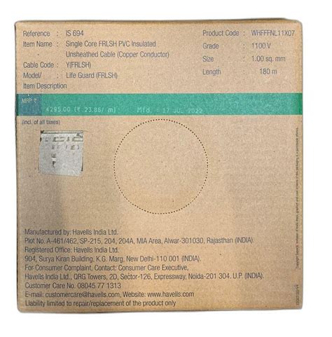 Havells Lifeguard Sqmm Frlsh Pvc Cable Roll Length M At Rs