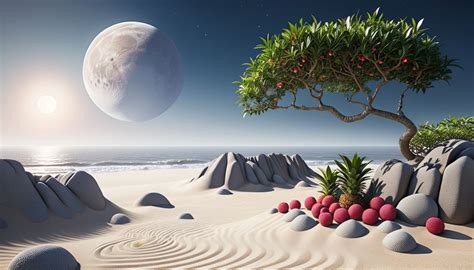 Tranquil Zen Garden On The Moon Where Lychee Trees Grow In Low Gravity