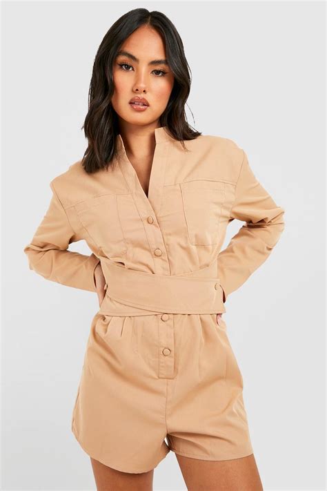 Wrap Detail Collarless Utility Playsuit Boohoo Uk