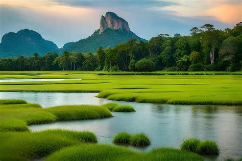 Premium Ai Image A River Runs Through A Lush Green Landscape