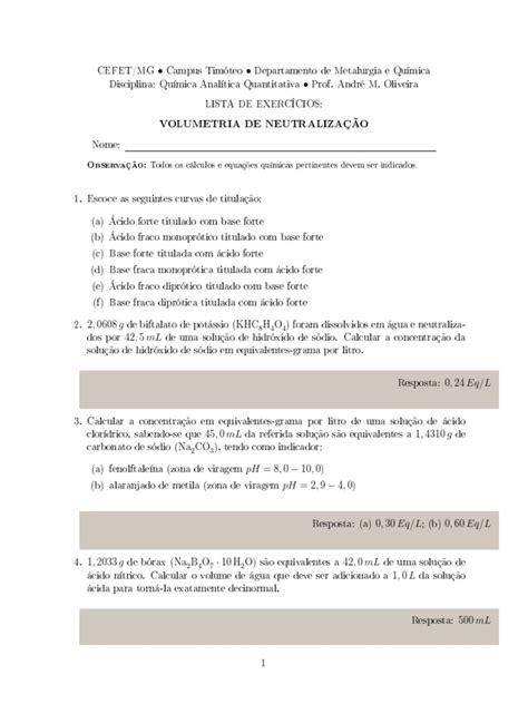 Lista De Exercícios Sobre Volumetria De Neutralização De ácidos E Bases