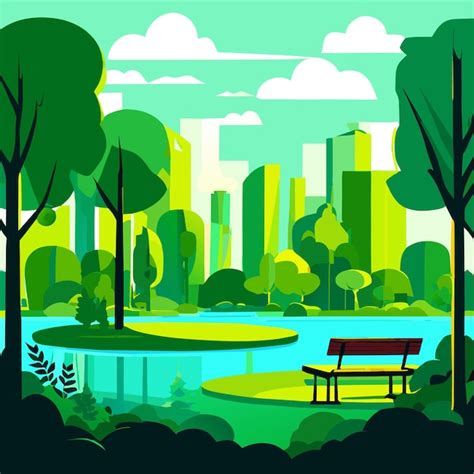 Beau Parc Vert Près Du Lac Avec Un Banc Entouré Darbres Illustration