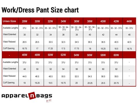 Pant Size Chart | ApparelnBags.com