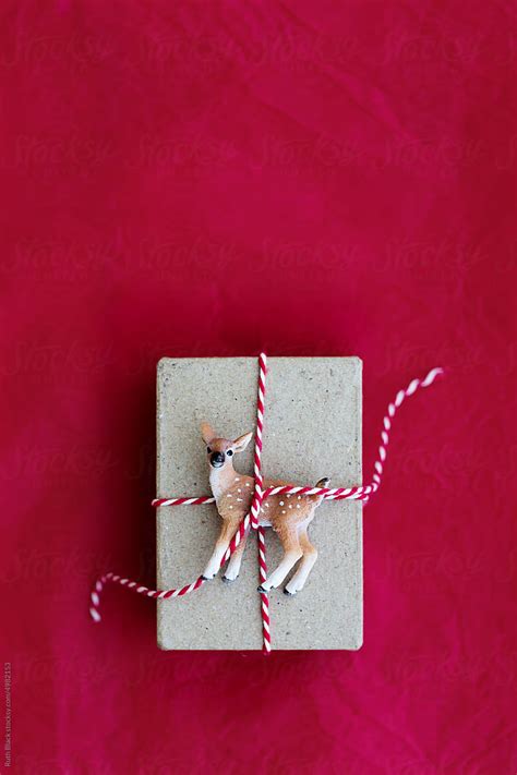 Christmas Gift Wrapped With Deer Ornament And Red And White Stri By