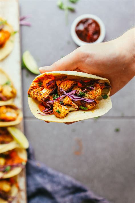 Roasted Cauliflower Tacos And Chipotle Romesco Minimalist Baker Recipes