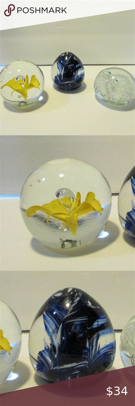 Lot Of 3 Art Glass Paperweight Yellow White Flower Blue Swirl Round Egg Shape