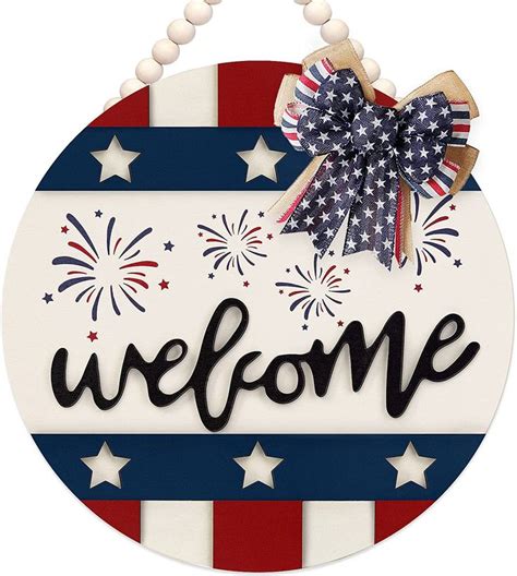 4th Of July Patriotic Wreath Welcome Sign With Red White And Blue