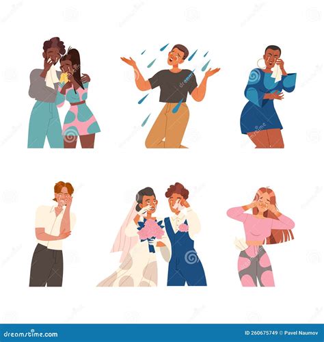 Set of Upset People Crying and Sobbing from Sorrow and Grief. Diverse