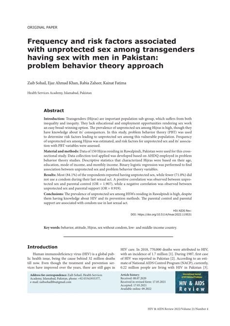 PDF Frequency And Risk Factors Associated With Unprotected Sex Among Transgenders Having Sex