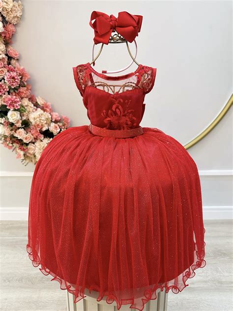 Vestido Infantil Vermelho Renda E Tule Brilho Damas Rosa Charmosa Atacado