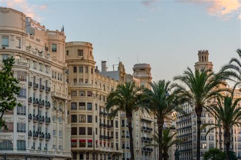 Decorated Facades Of Houses Situated On Town Hall Square In Valencia