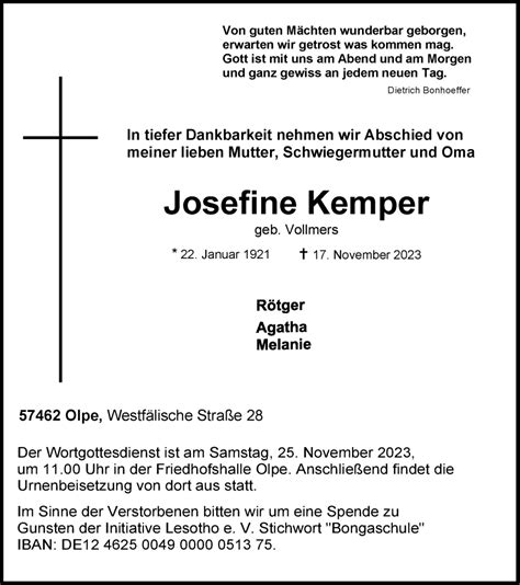 Traueranzeigen Von Josefine Kemper Trauer In Nrw De