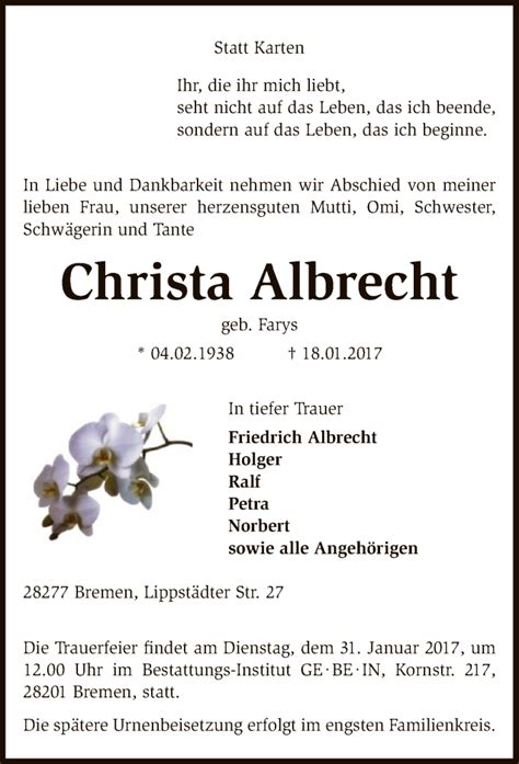 Traueranzeigen Von Christa Albrecht Trauer Kreiszeitung De