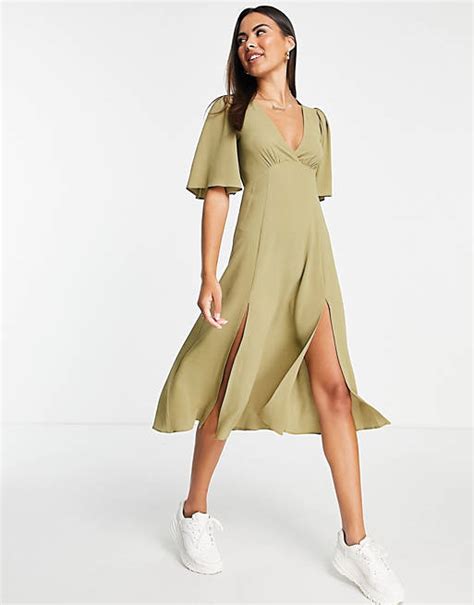 Asos Design Angel Sleeve Midi Dress In Khaki Asos