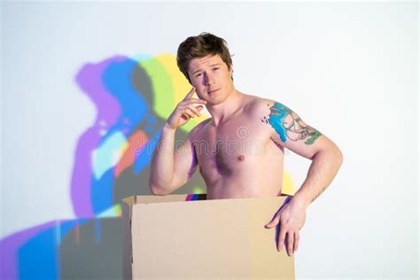 Thoughtful Naked Male Situating In Box Stock Photo Image Of Male Delivery 109115568