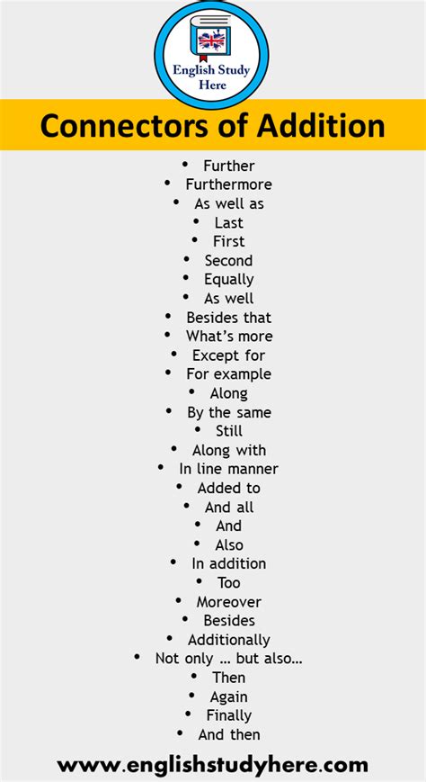 31 Connectors Of Addition Words In English English Study Here