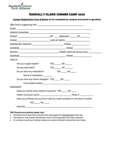 Fillable Online Camper Registration Form Waiver To Be Completed By