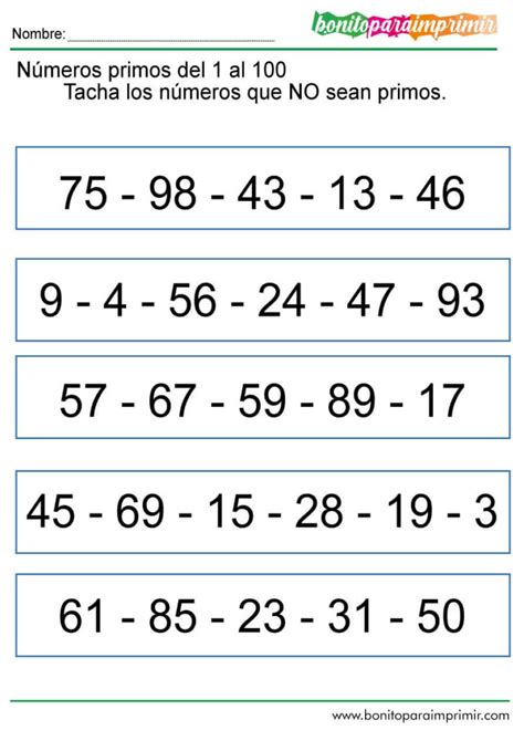 Números Primos Del 1 Al 100 Bonito Para Imprimir