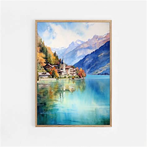 Aquarell Malerei Schweiz Reise Print Schweizer See Wandkunst Reise