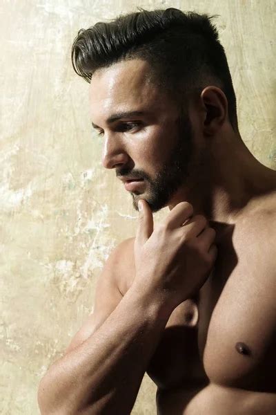Naked Bearded Man Looks At The Camera Portrait Of Strong Healthy