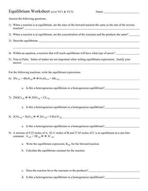 Quiz Worksheet How To Write Equilibrium Constant Expressions