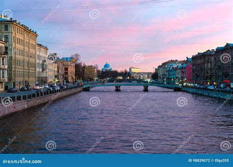 Evening View Of Embankment Of Fontanka River St Petersburg Russia