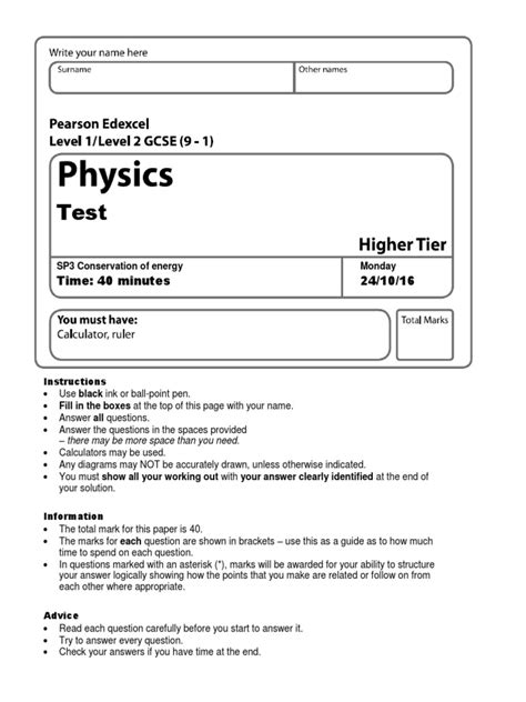 Edexcel Gcse 9 1 Physics Sp3 Conservation Of Energy Test With Mark Scheme 1617 Kinetic