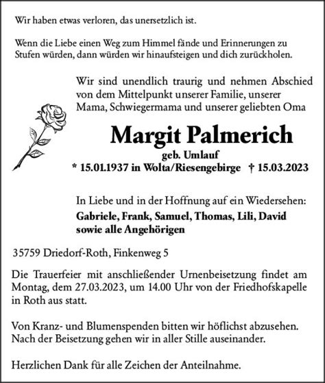 Traueranzeigen Von Margit Palmerich Vrm Trauer De