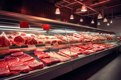 Variety Of Fresh Raw Red Meat In Supermarket Different Cuts Of Prime