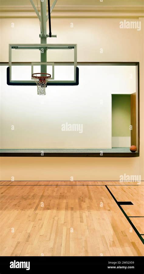 Close Up Indoor Gym Basketball Hoop And Backboard Artificial Lighting