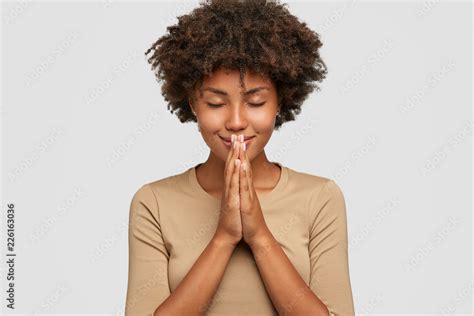 Meditation Concept Beautiful Young Black Woman Stands In Meditative