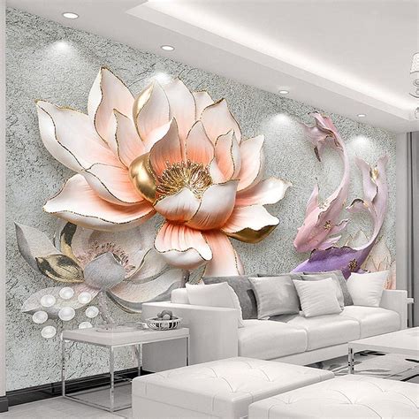 Custom 3D Stereo Embossed Lotus Fish Large Murals Wall Painting Modern